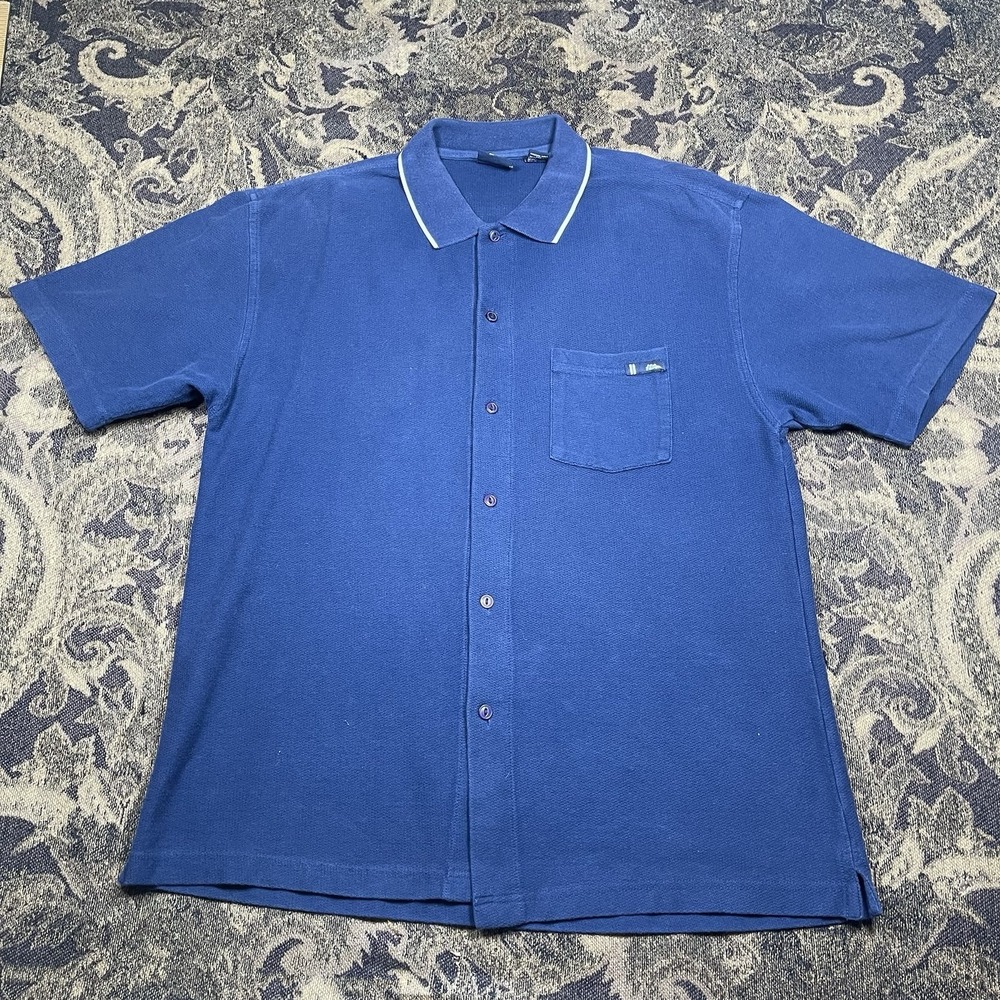 Vintage No Fear Button Down Short Sleeve Shirt Mens Size Large Navy Blue